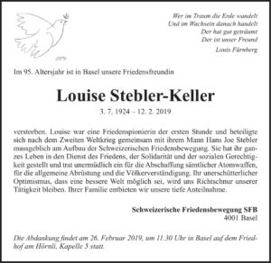 Todesanzeige Louise Stebler-Keller