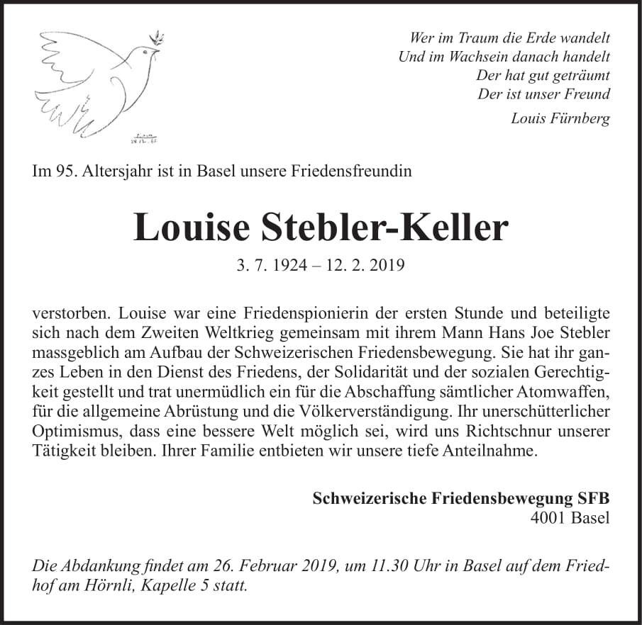 Todesanzeige Louise Stebler-Keller